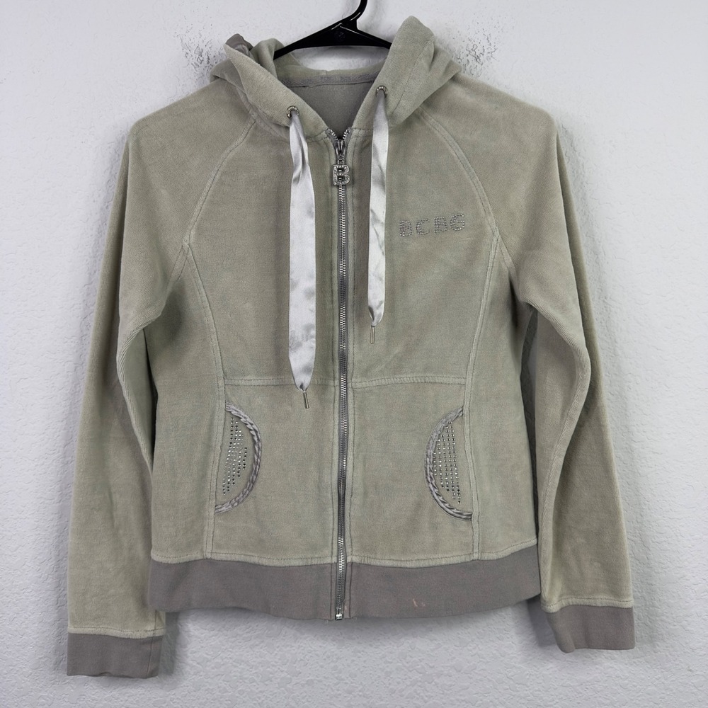 Vintage BCBG Jacket S Beige Velour Rhinestone Bling Satin‎ Y2K Soft Girl Juicy